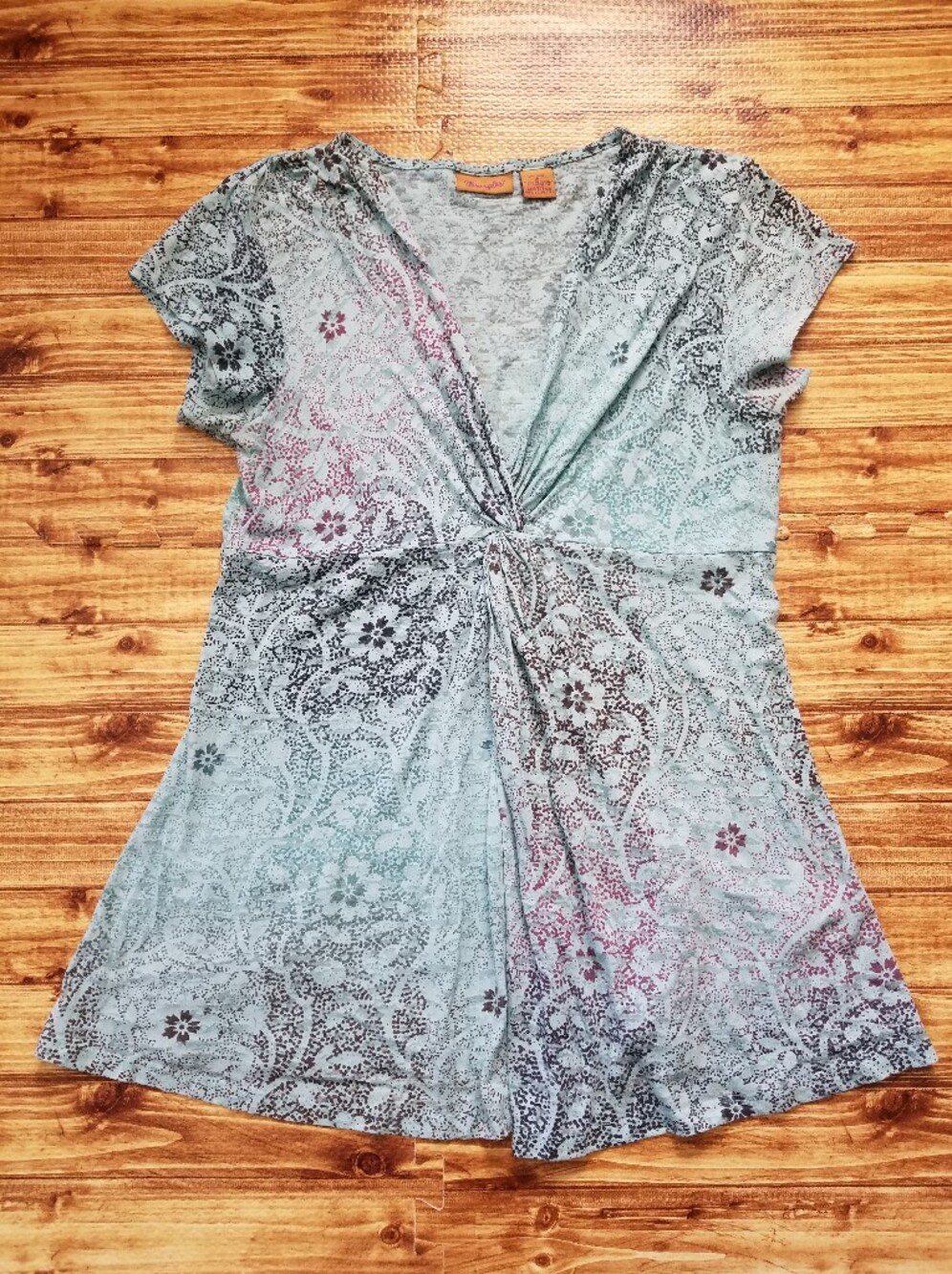 Wrangler Teal Blue Paisley Twist Front V-Neck Blouse Top Size XL Boho Western